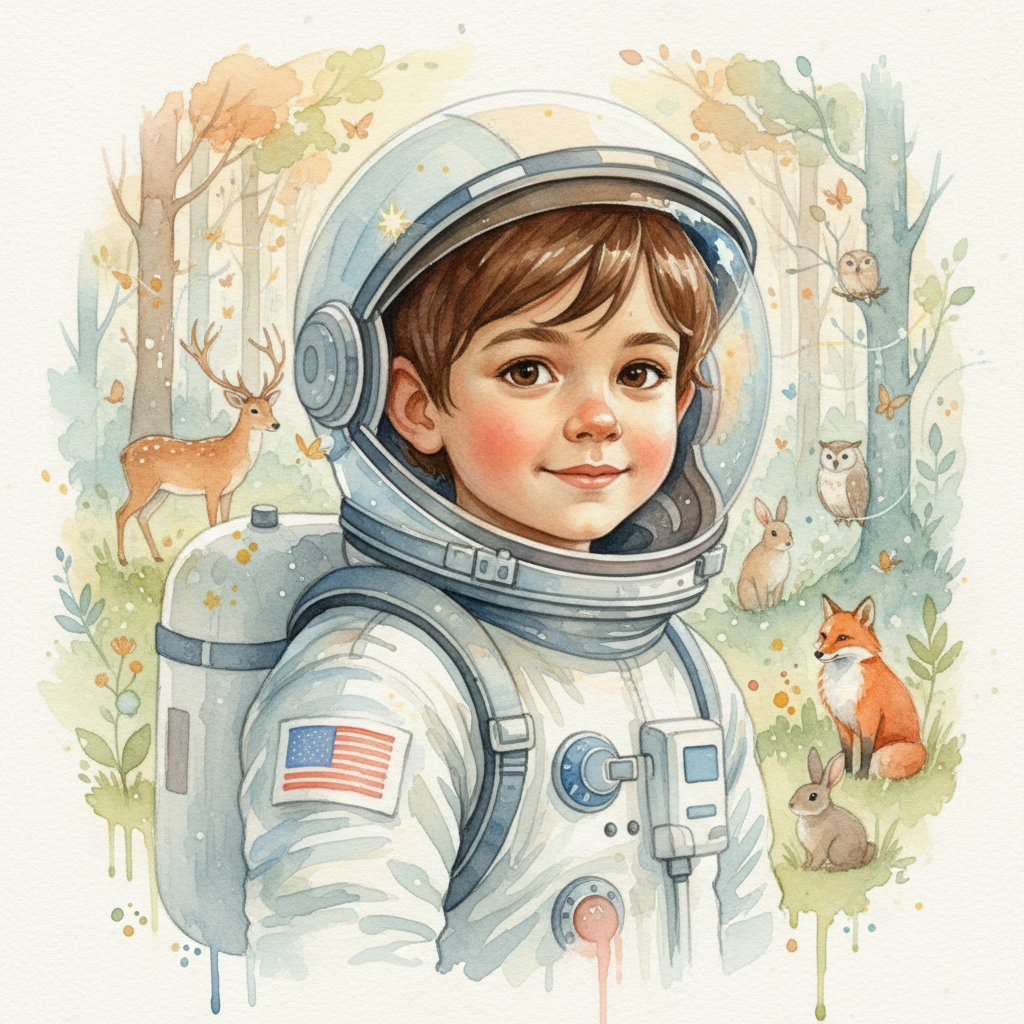 Juan Pablo era un niño astronauta con el cabello castaño, ojos marrones y una piel que reflejaba el