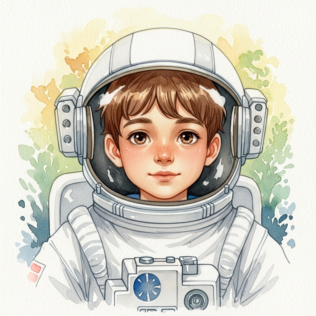 Liam era un niño astronauta con cabello castaño y ojos curiosos. A sus siete años, exploraba el univ