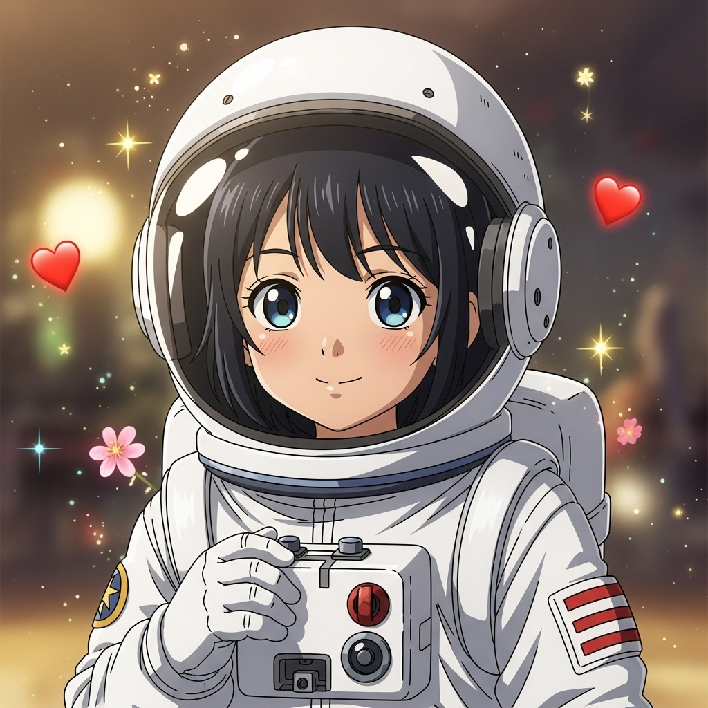 Ana, una pequeña astronauta con cabello negro como el espacio profundo y ojos celestes como nebulosa