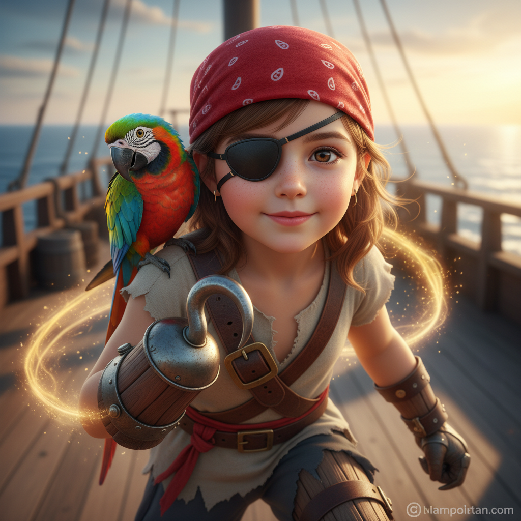 Bella era una pirata joven y valiente, con un espíritu tan brillante como el sol que se reflejaba en