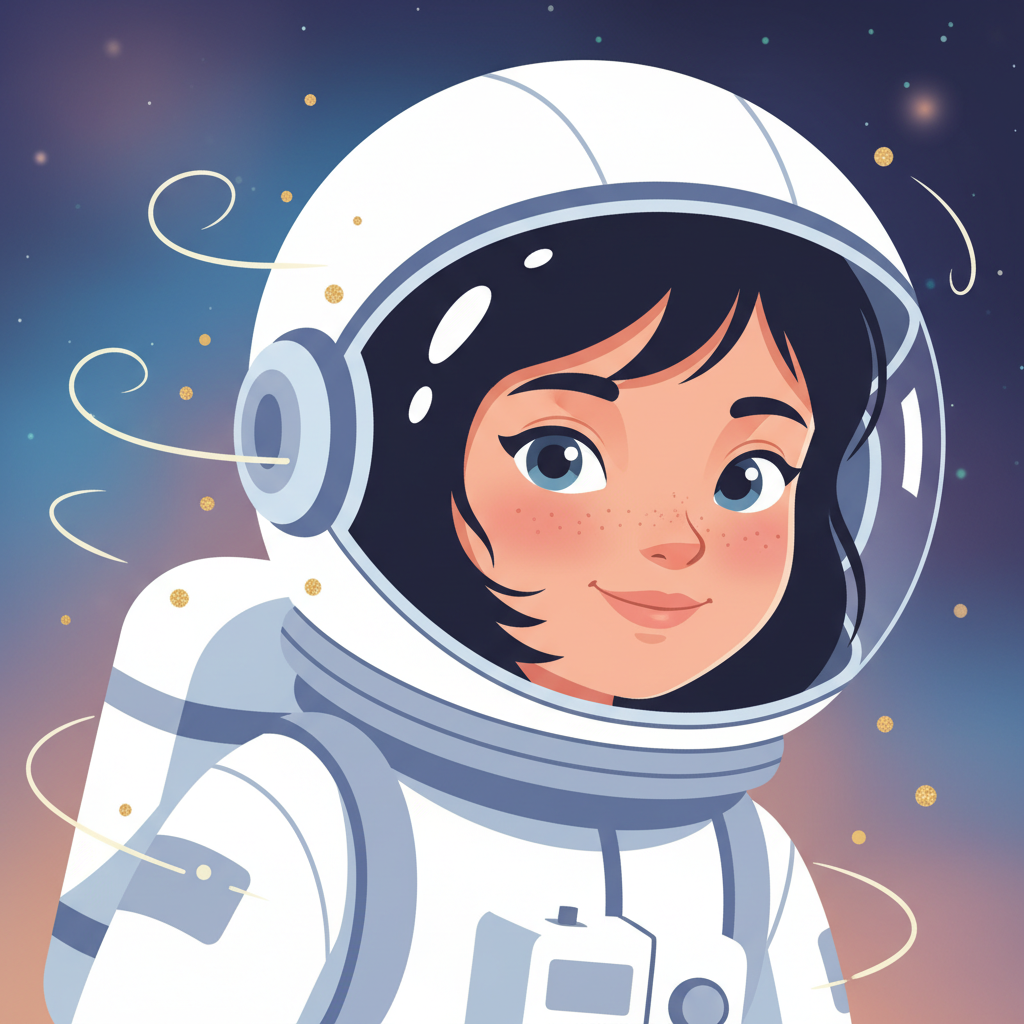 Estela era una niña astronauta con un cabello negro azabache que brillaba bajo la luz de las estrell