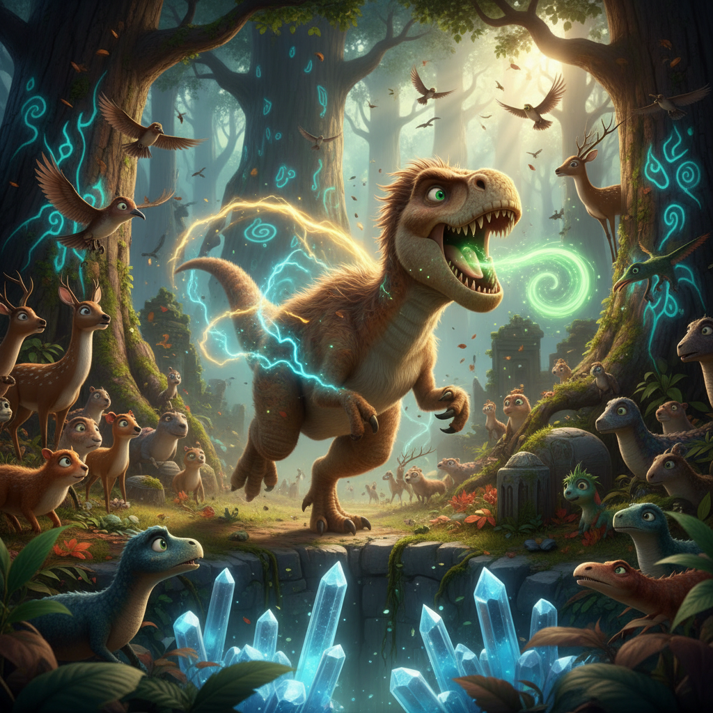 A medida que Rizz se adentraba en el Bosque Susurrante, la luz del sol se filtraba con dificultad en