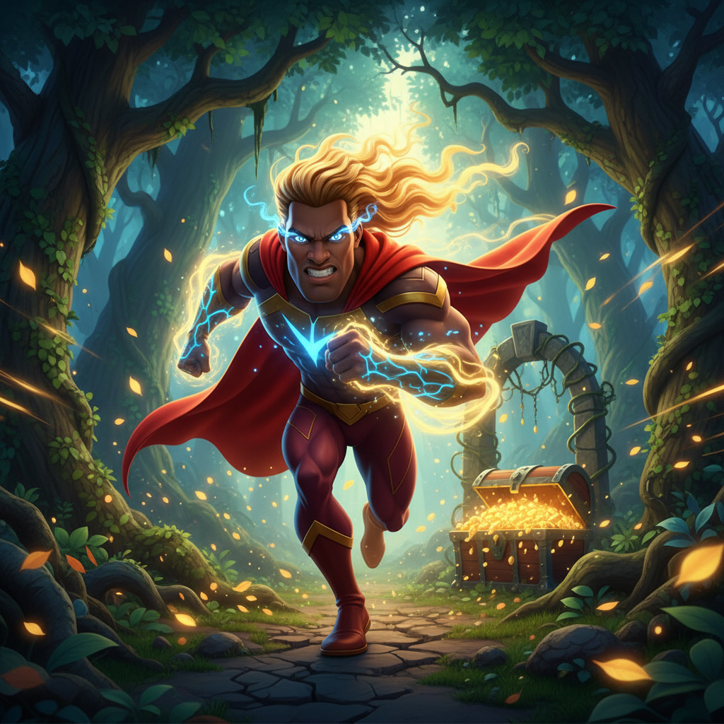 Con un destello, Veketa se puso en marcha. Corrió por prados verdes, atravesó bosques frondosos y cr