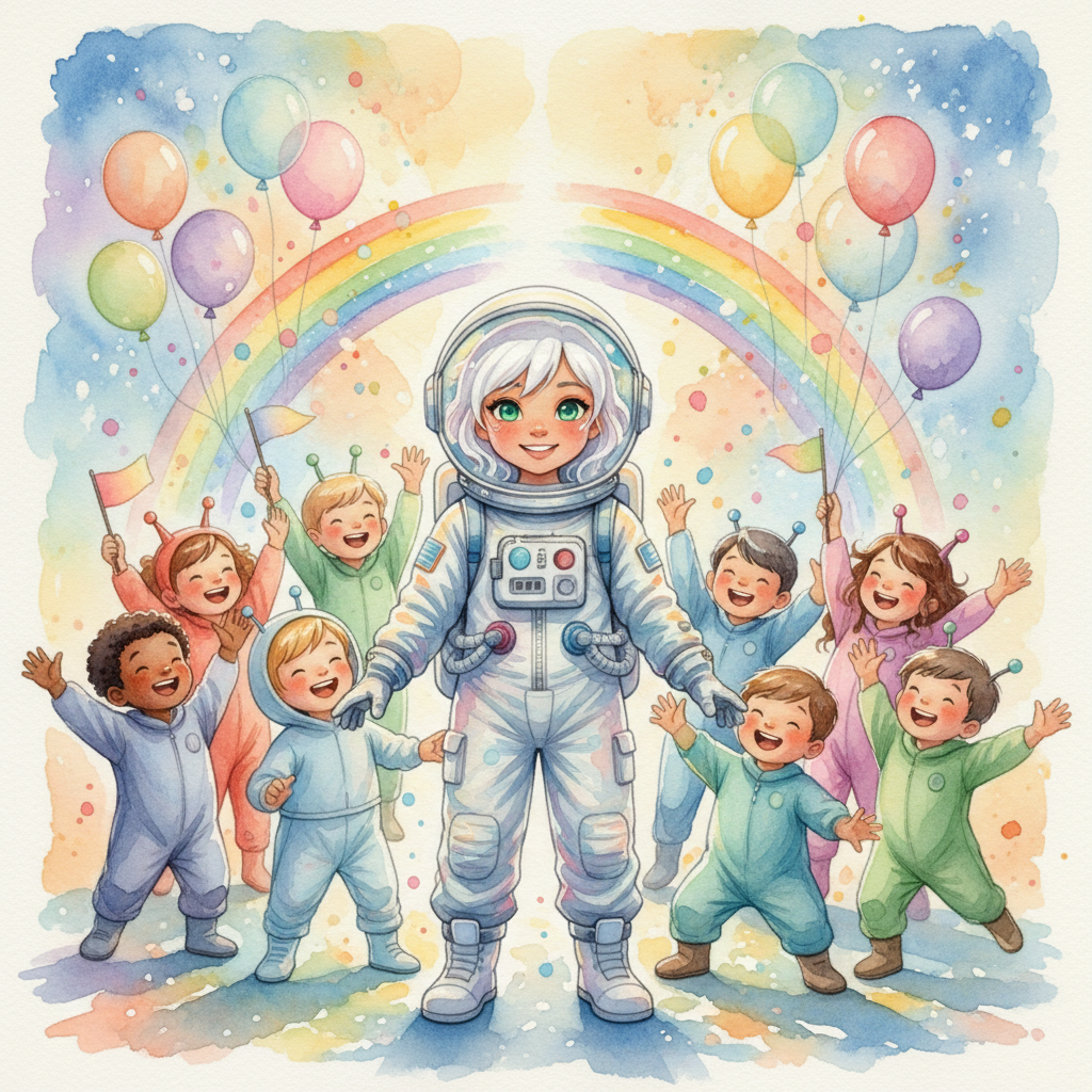 Con Chispita segura en su lugar, Leo guió su nave de regreso a la estación espacial. Al aterrizar, s