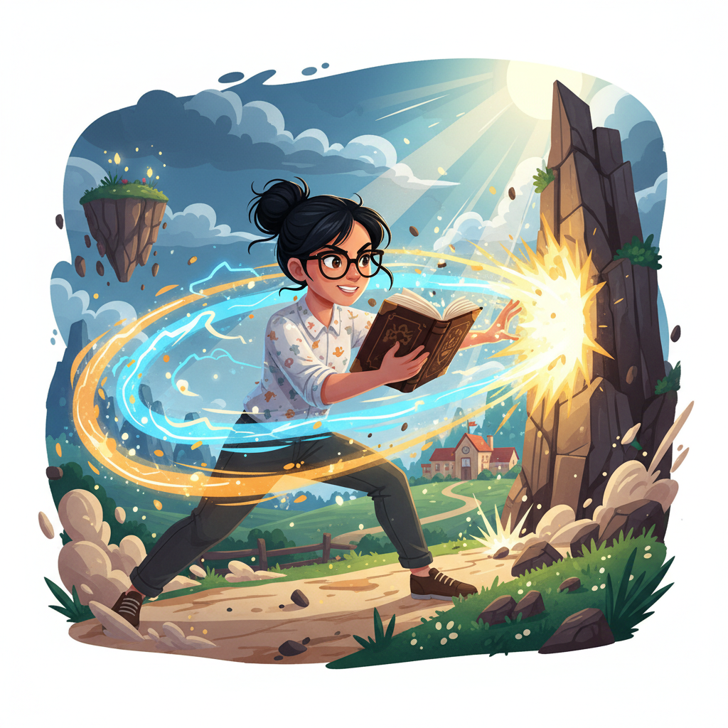 Mel decidió que no podía rendirse. Puso sus manos en la base de una alta estantería llena de fantasí