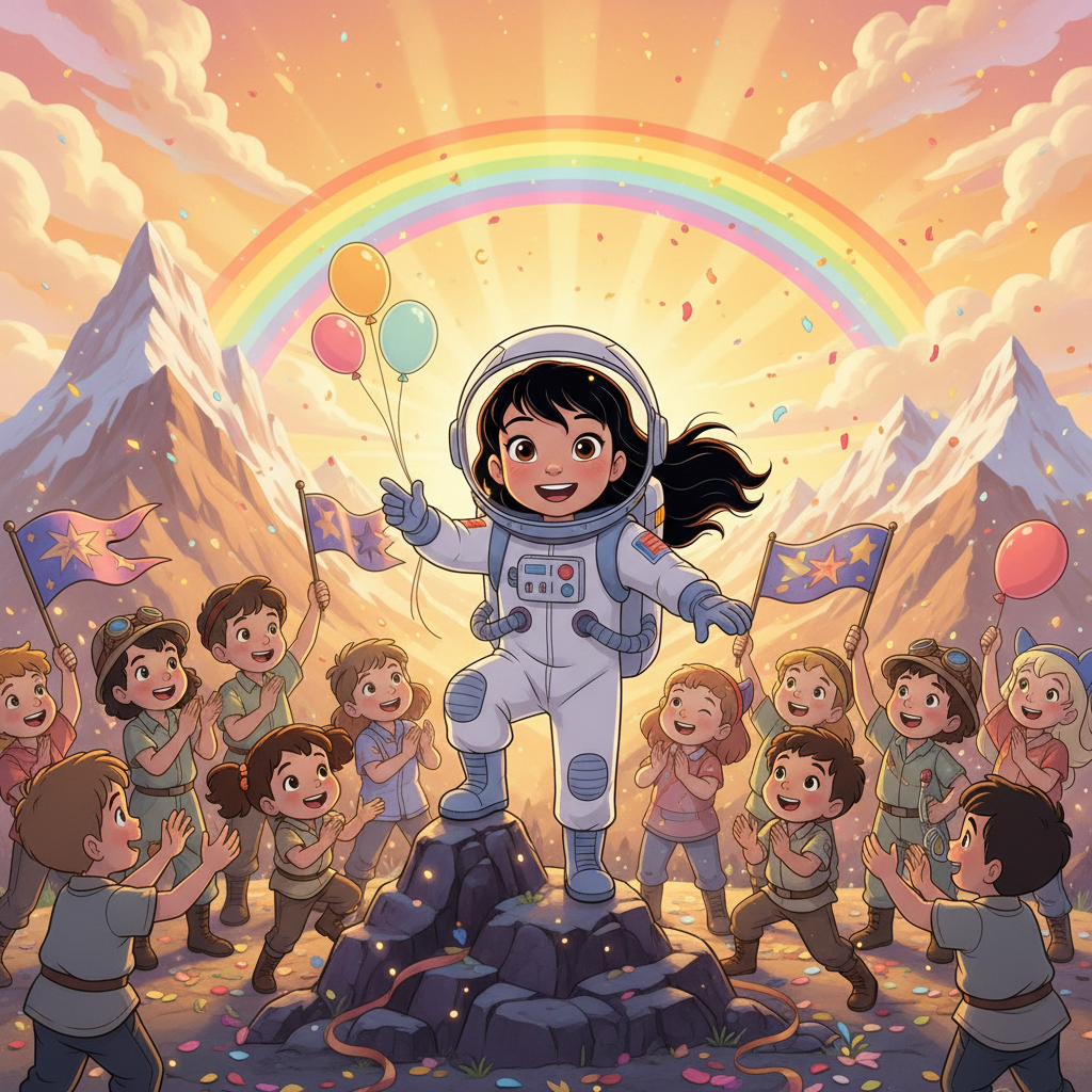 Al llegar a la Luna Luminosa, Mia quedó maravillada. La superficie no era gris y polvorienta, sino q