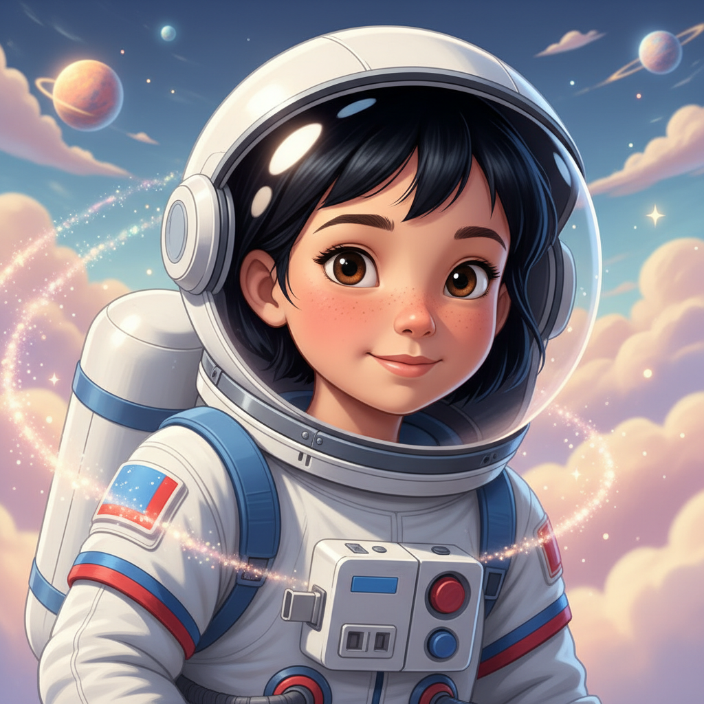 Mia era una niña astronauta con cabello negro azabache y ojos marrones tan profundos como el univers