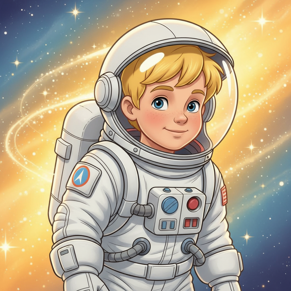 Aran era un niño astronauta con un secreto asombroso. Tenía cabello rubio como el sol, ojos celestes