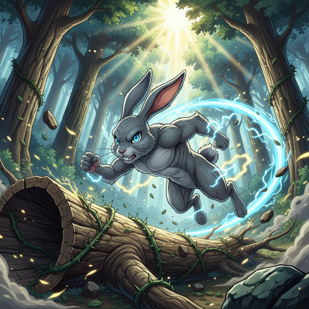 Conejín corrió como nunca antes lo había hecho. Los árboles del bosque se convirtieron en sombras al