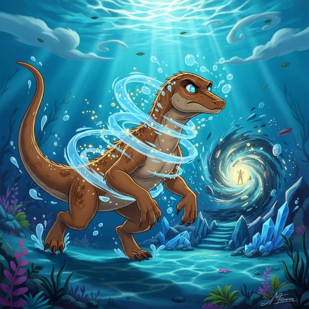 Intrigada, Milú se acercó al borde del agua. Otros dinosaurios jugaban en la orilla, pero ninguno se