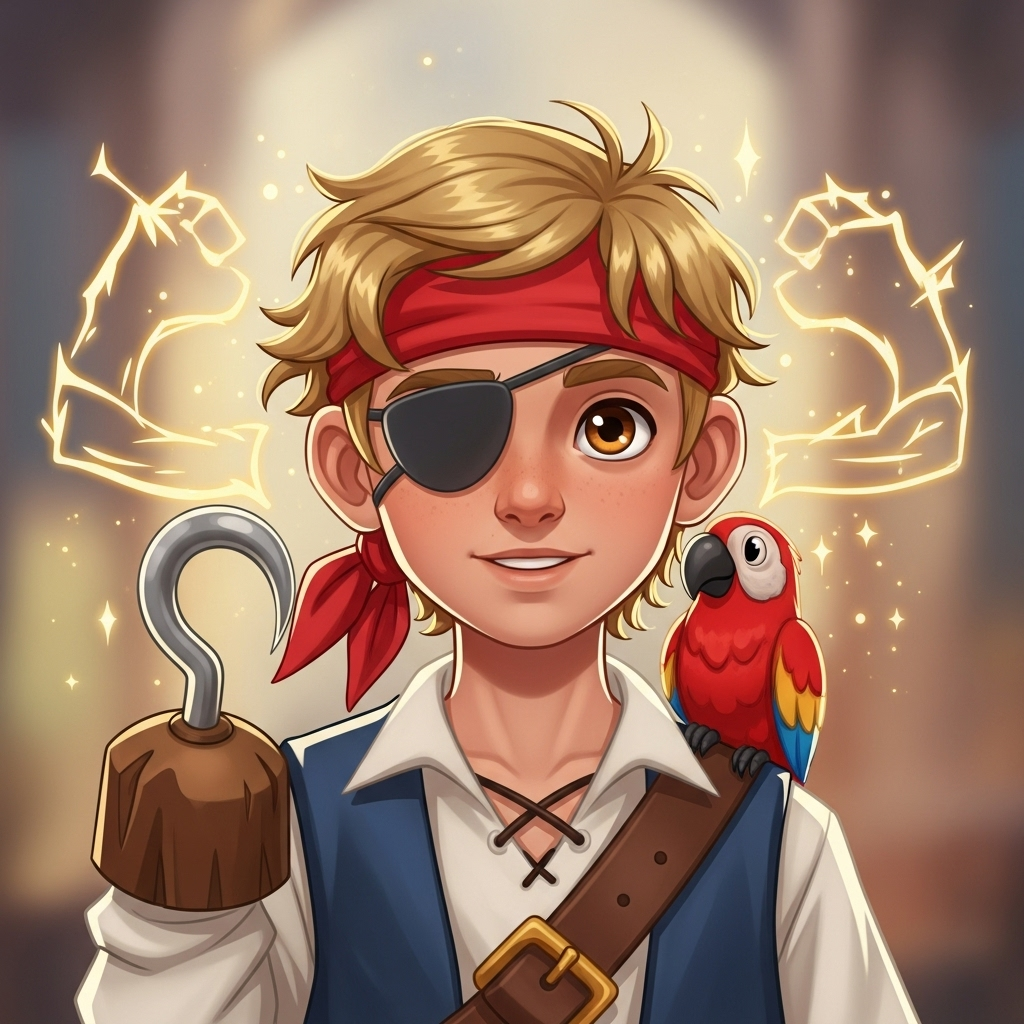 Había una vez un pequeño pirata llamado Jose El Traviez, con su brillante cabello rubio como el sol 
