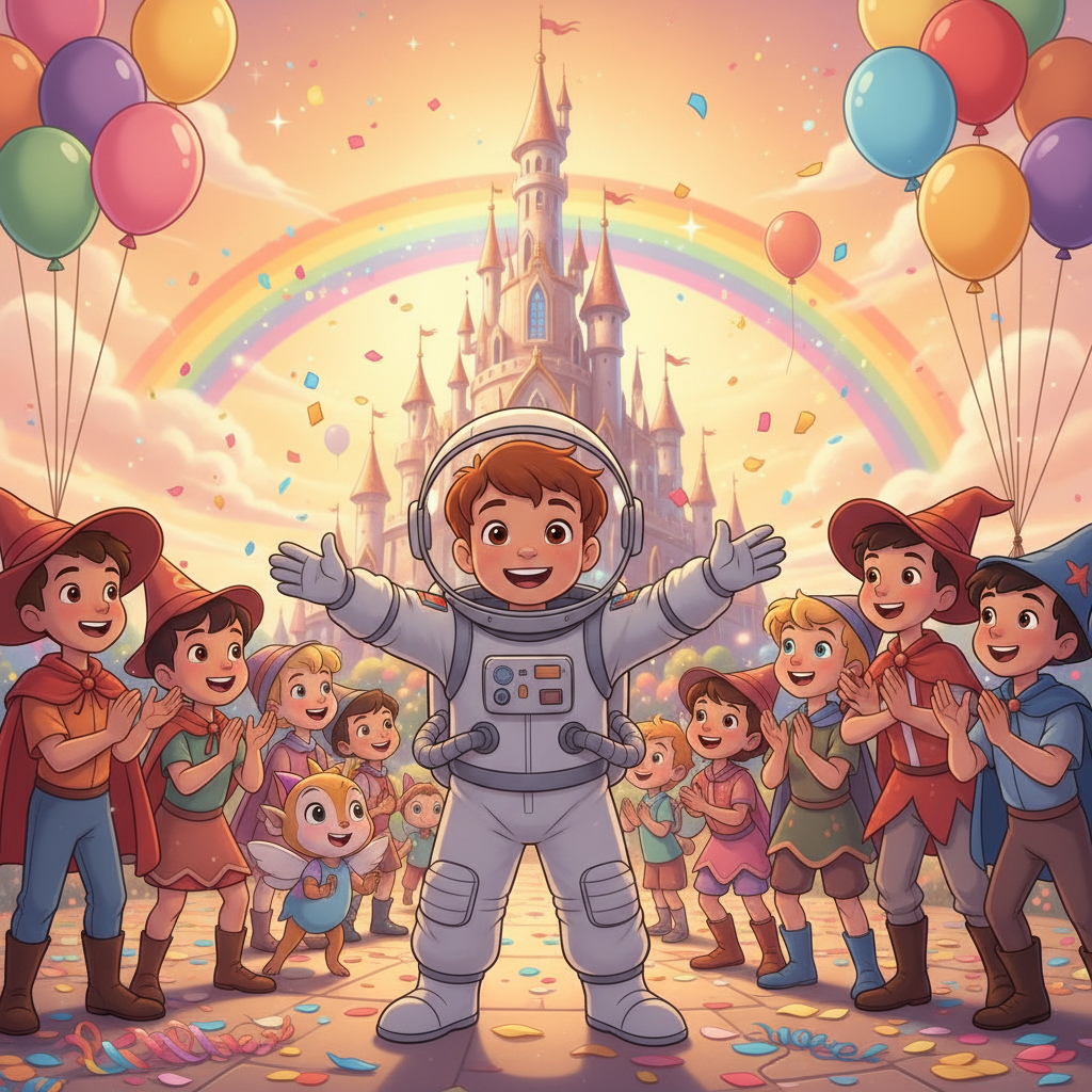 Bauti pasó el resto del día explorando la Luna con sus nuevos amigos. Jugaron a las escondidas entre