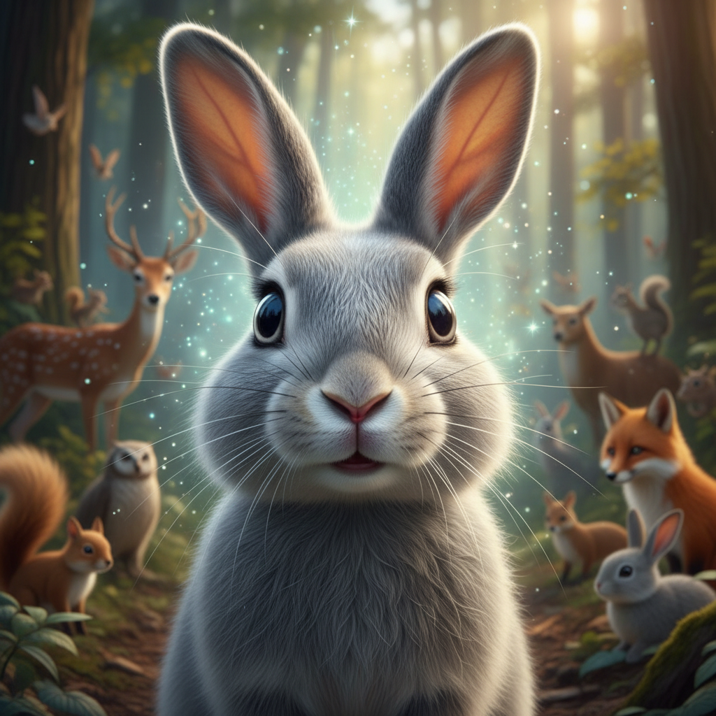 En el corazón de un frondoso bosque vivía Trompita, un conejito de pelaje gris suave como la niebla 