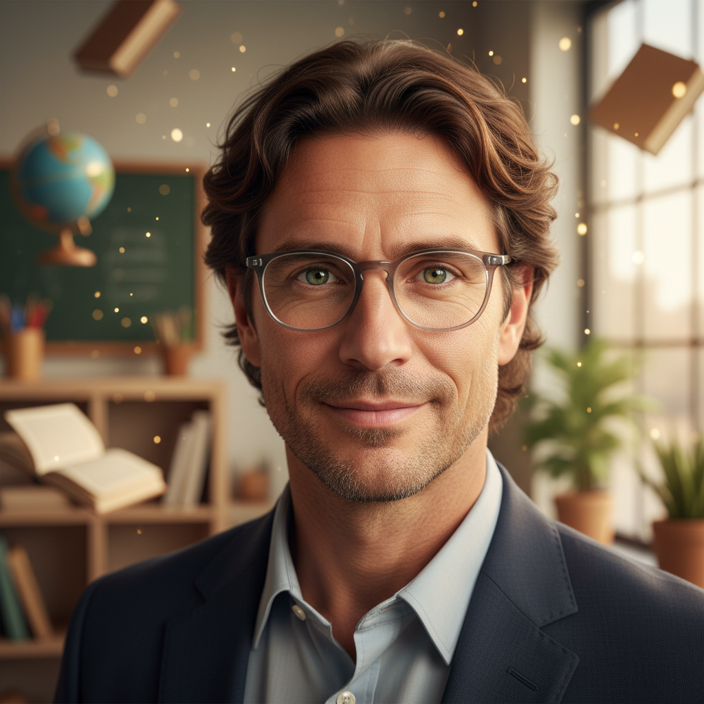 En el pequeño pueblo de Villaverde, vivía un amable profesor llamado Pedro. Tenía el cabello castaño