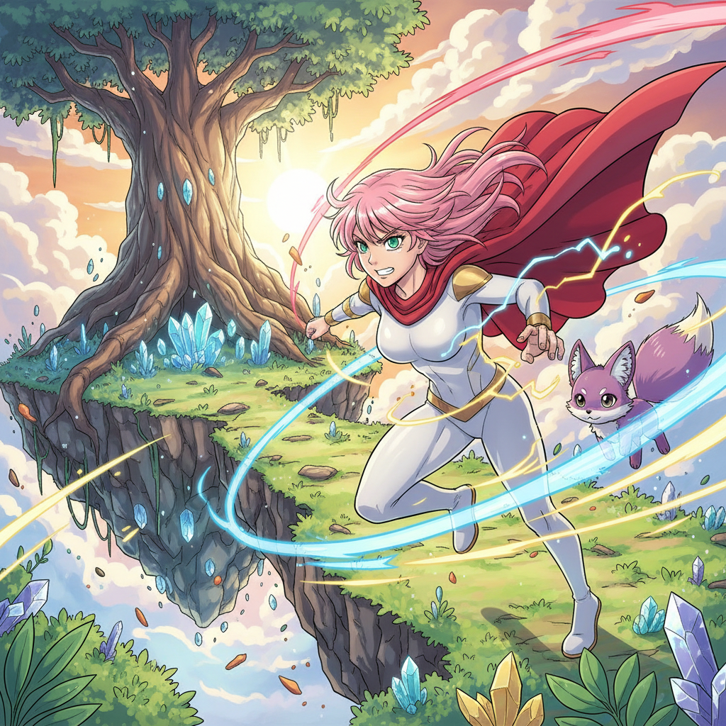 Eri, sacudido pero ileso, miró a Ainohita con gratitud. "¡Gracias, superhéroe del rayo rosa!", dijo